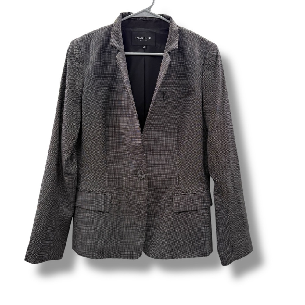 Lafayette 148 Wool Black & White Printed Single Button Long‎ Sleeve Blazer Sz 12